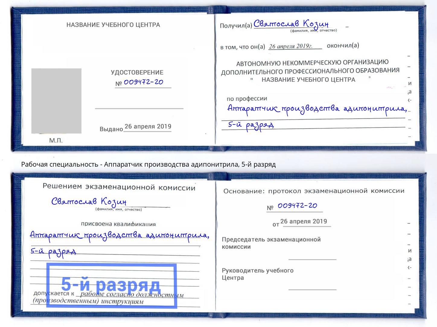 корочка 5-й разряд Аппаратчик производства адипонитрила Сердобск