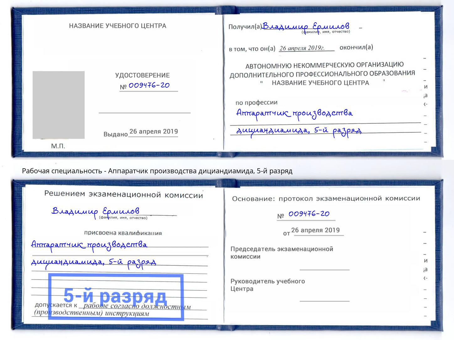 корочка 5-й разряд Аппаратчик производства дициандиамида Сердобск