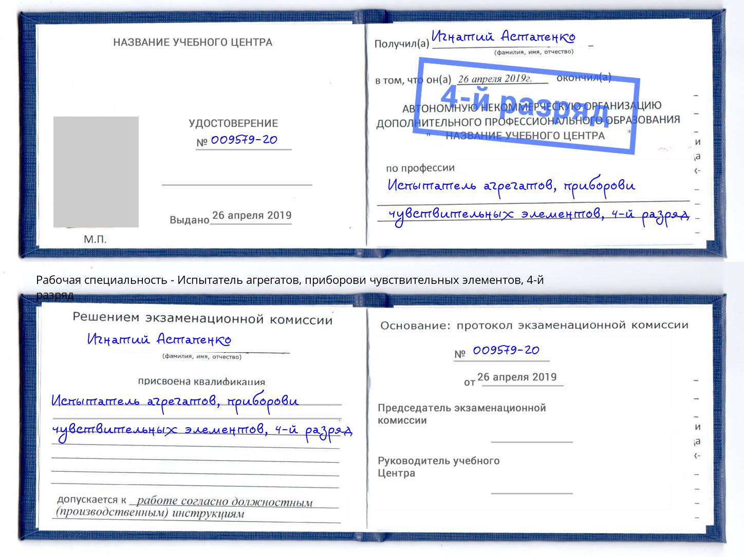 корочка 4-й разряд Испытатель агрегатов, приборови чувствительных элементов Сердобск