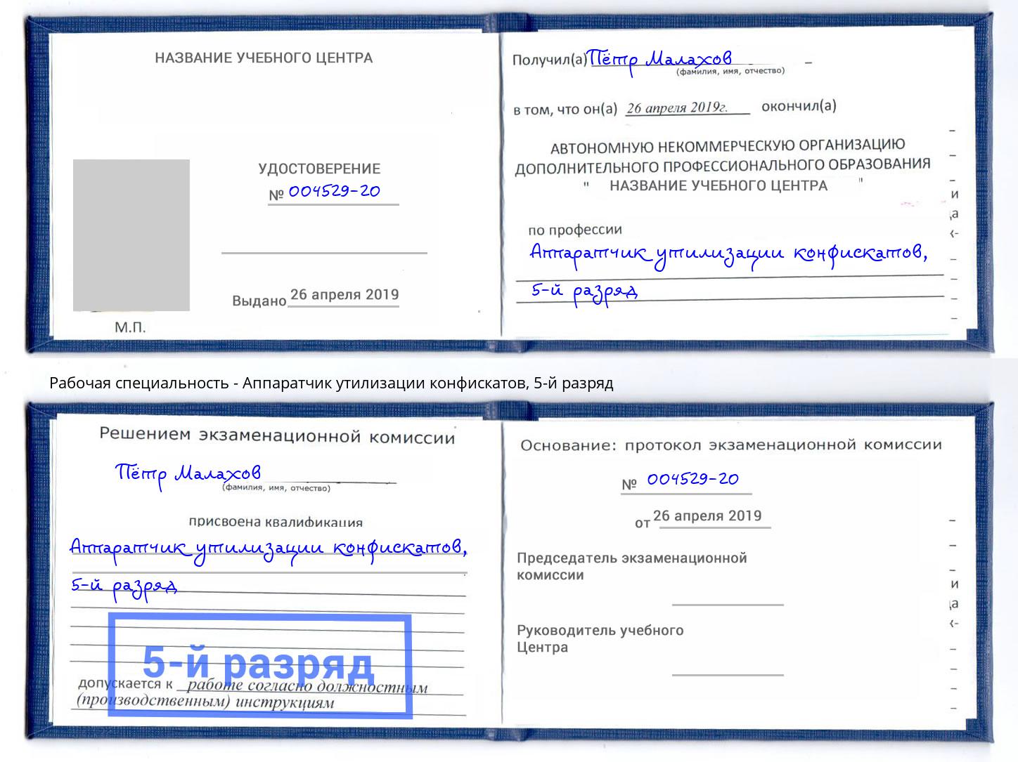 корочка 5-й разряд Аппаратчик утилизации конфискатов Сердобск