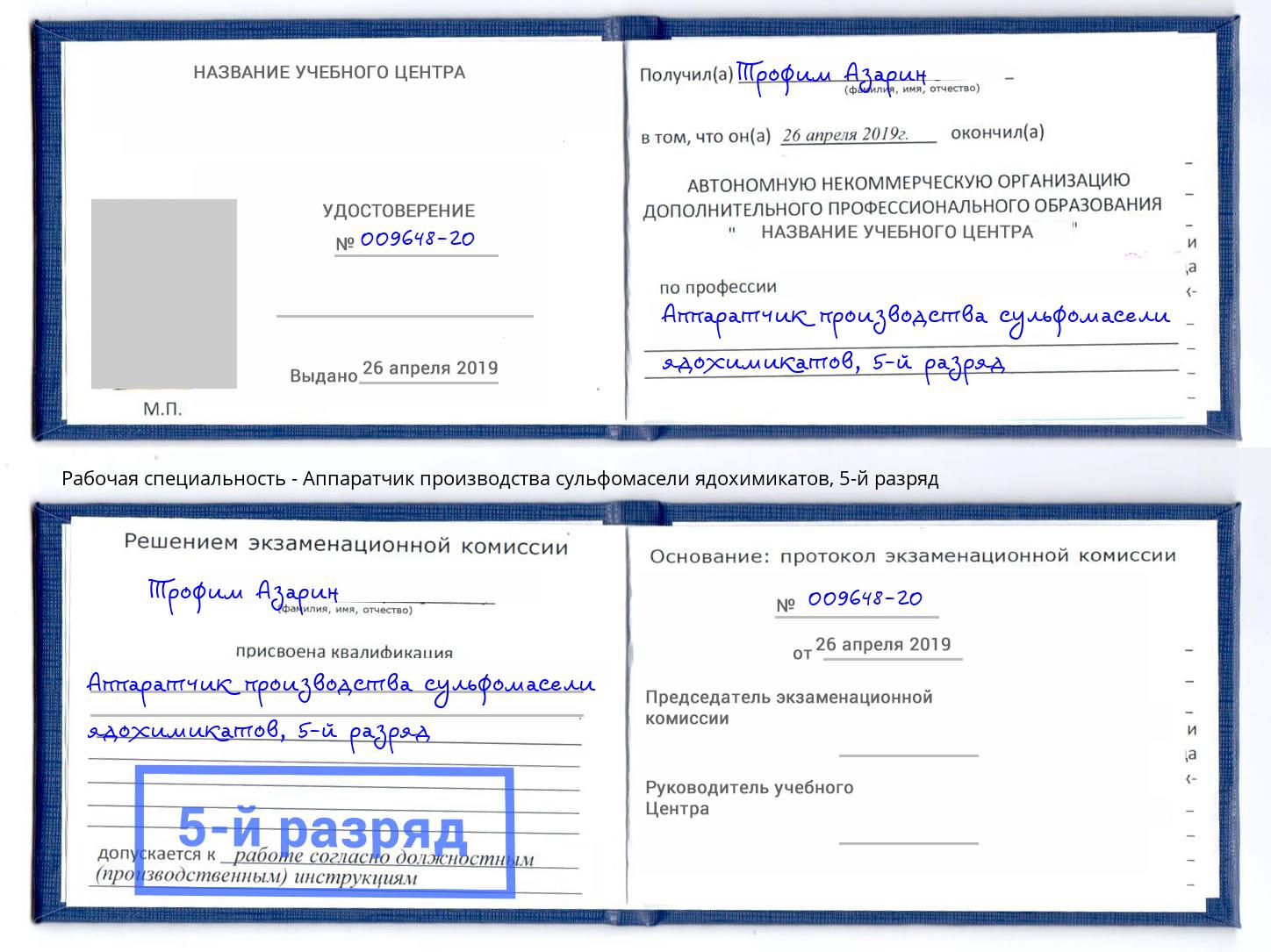 корочка 5-й разряд Аппаратчик производства сульфомасели ядохимикатов Сердобск