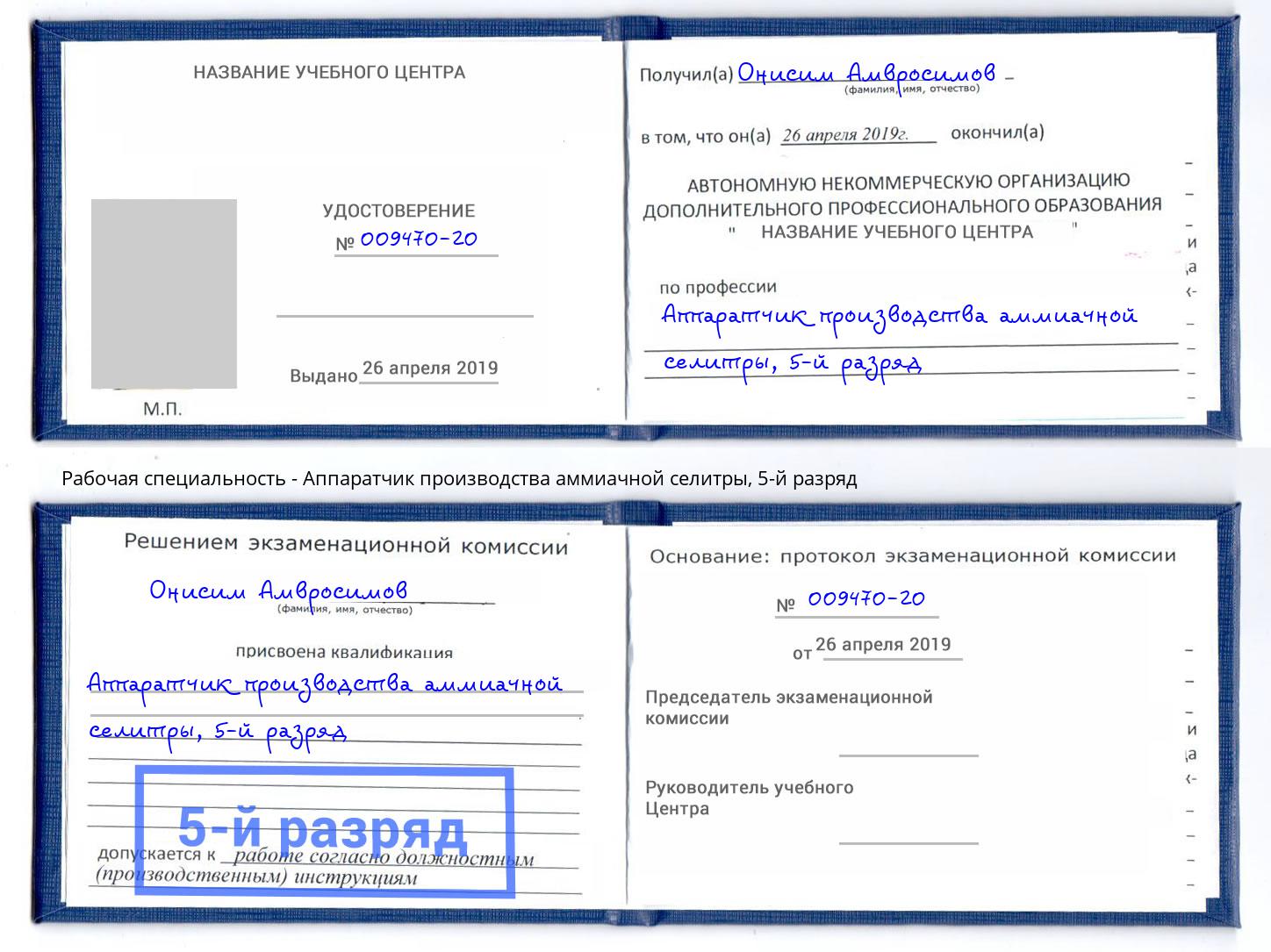 корочка 5-й разряд Аппаратчик производства аммиачной селитры Сердобск