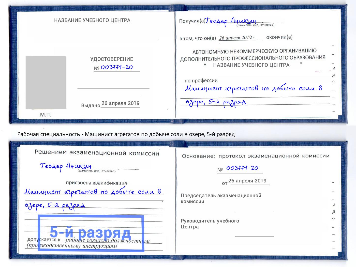 корочка 5-й разряд Машинист агрегатов по добыче соли в озере Сердобск