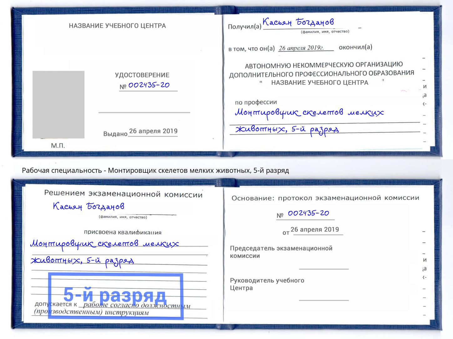 корочка 5-й разряд Монтировщик скелетов мелких животных Сердобск