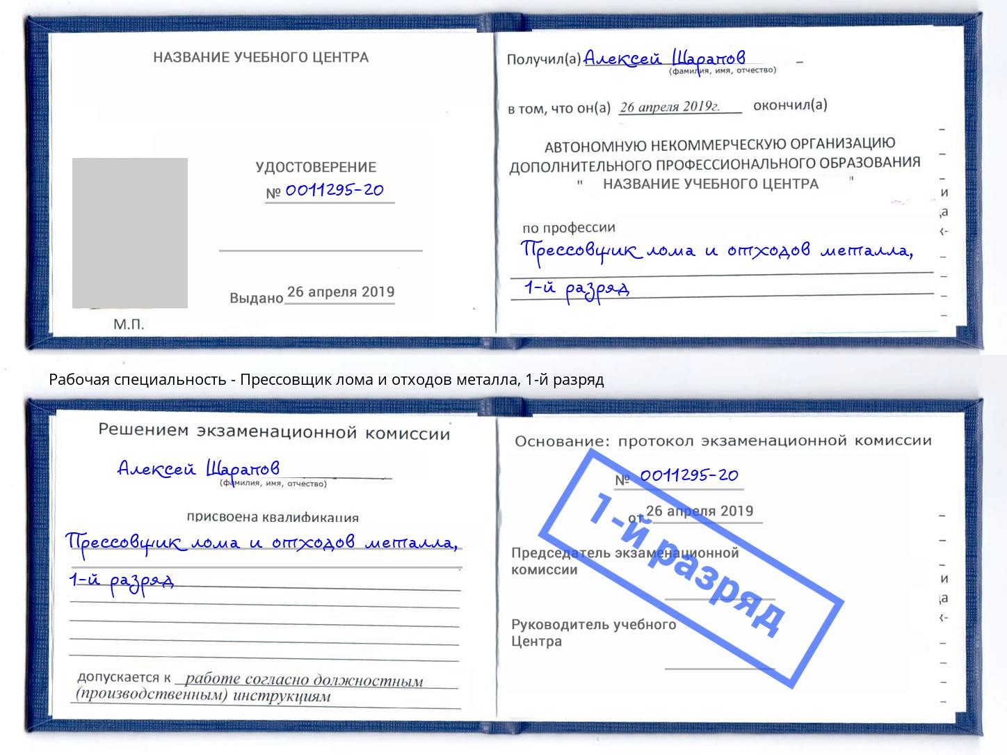 корочка 1-й разряд Прессовщик лома и отходов металла Сердобск