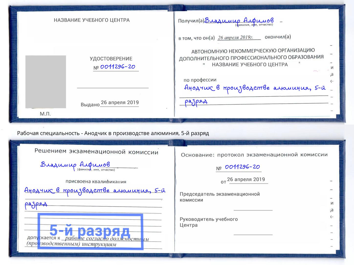 корочка 5-й разряд Анодчик в производстве алюминия Сердобск