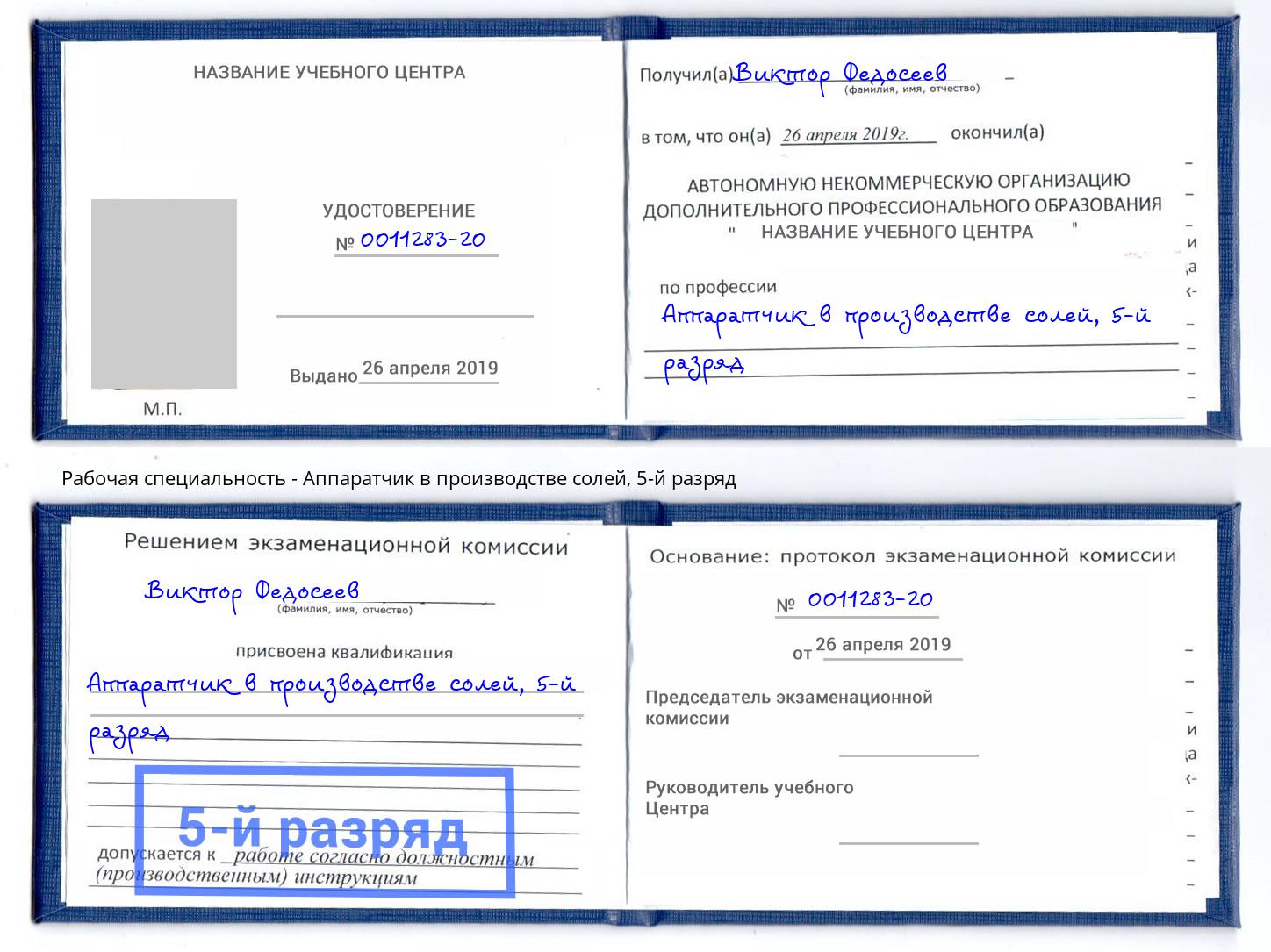 корочка 5-й разряд Аппаратчик в производстве солей Сердобск