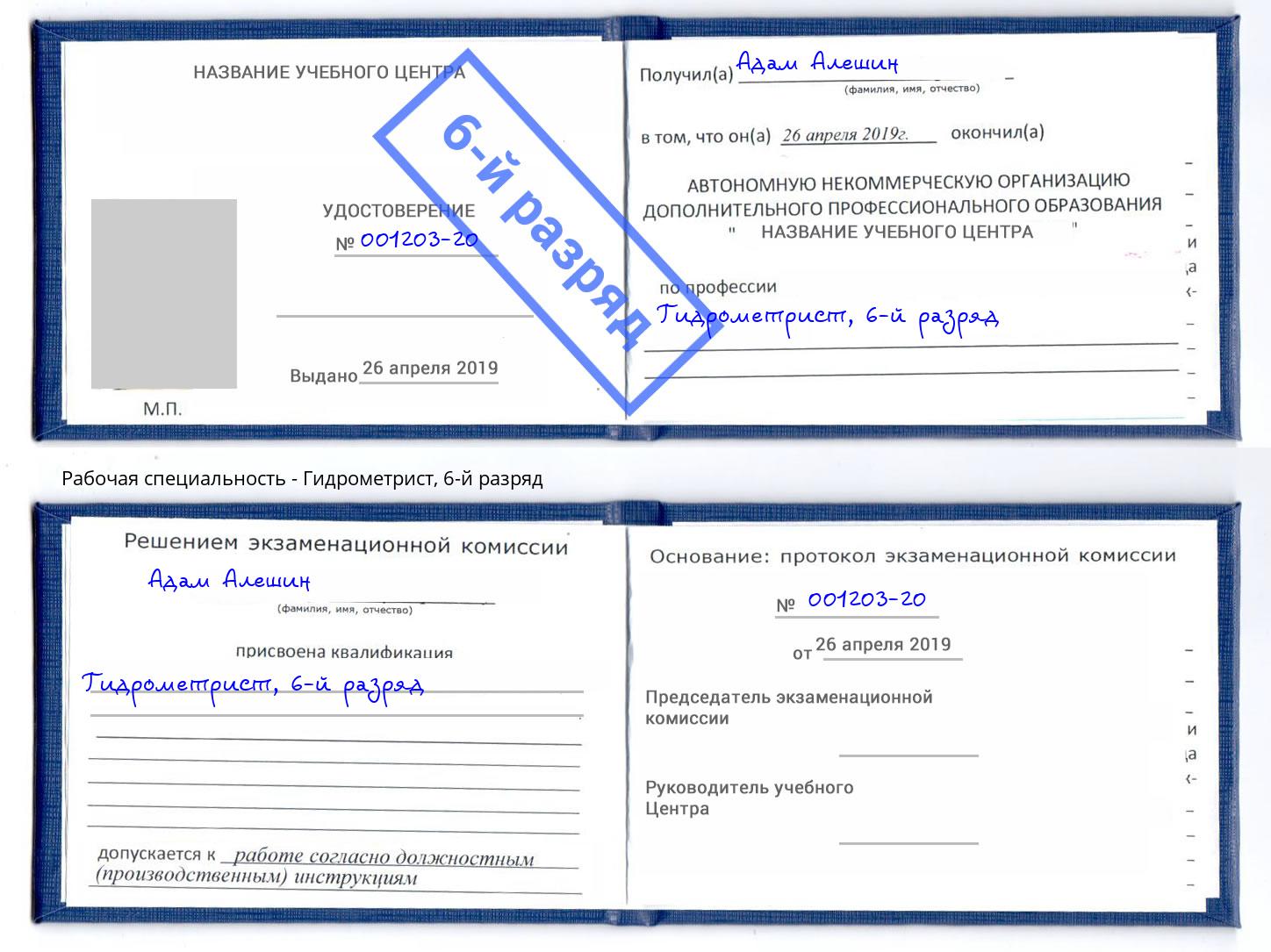 корочка 6-й разряд Гидрометрист Сердобск