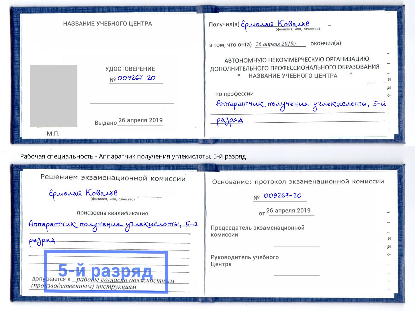 корочка 5-й разряд Аппаратчик получения углекислоты Сердобск