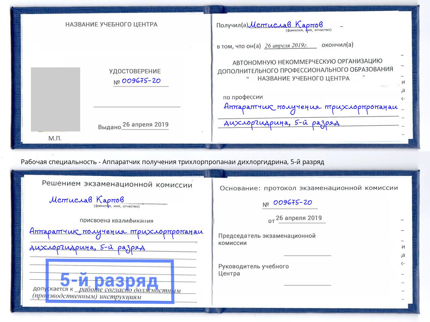 корочка 5-й разряд Аппаратчик получения трихлорпропанаи дихлоргидрина Сердобск