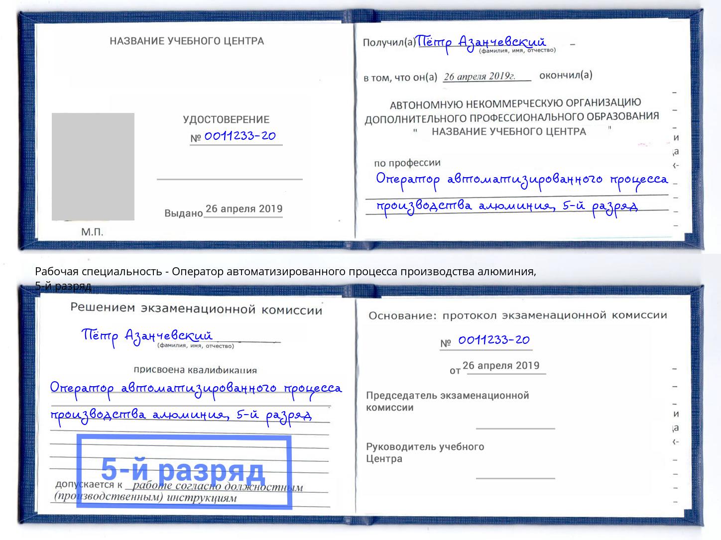 корочка 5-й разряд Оператор автоматизированного процесса производства алюминия Сердобск
